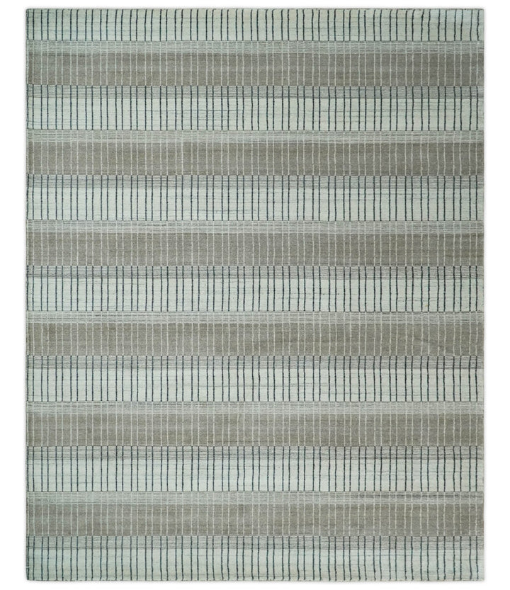 Modern 8x10 Hand Made Stripes Ivory, Black and Brown Scandinavian Blended Wool Flatwoven Area Rug | KE5 - The Rug Decor