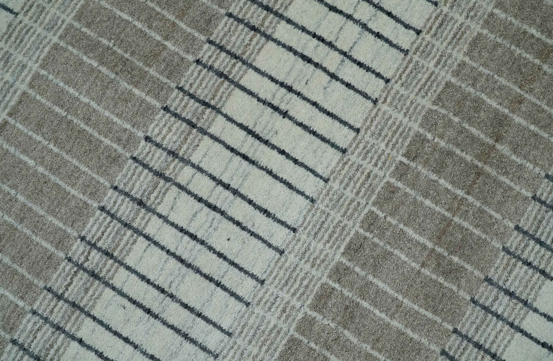 Modern 8x10 Hand Made Stripes Ivory, Black and Brown Scandinavian Blended Wool Flatwoven Area Rug | KE5 - The Rug Decor