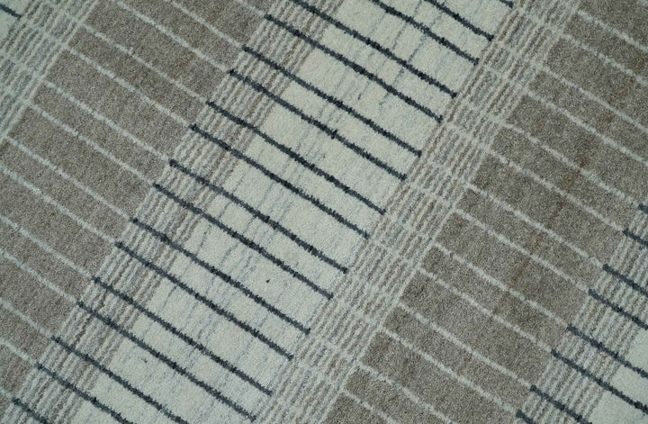 Modern 8x10 Hand Made Stripes Ivory, Black and Brown Scandinavian Blended Wool Flatwoven Area Rug | KE5 - The Rug Decor
