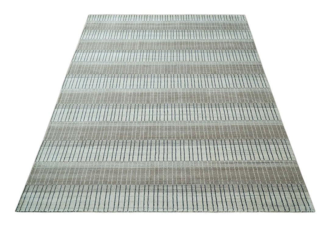 Modern 8x10 Hand Made Stripes Ivory, Black and Brown Scandinavian Blended Wool Flatwoven Area Rug | KE5 - The Rug Decor