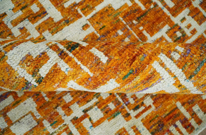 Modern Abstract 5.5x8.5 Gold and Ivory Recycled Art Silk Area Rug - The Rug Decor