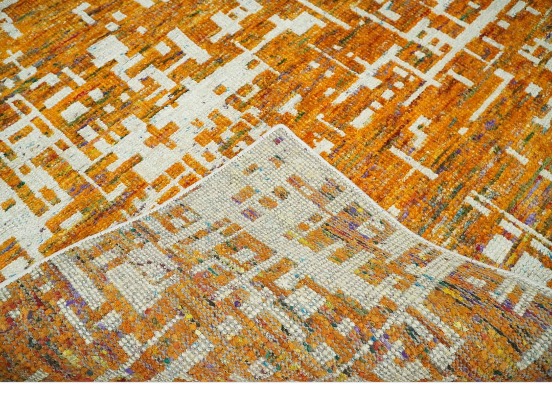 Modern Abstract 5.5x8.5 Gold and Ivory Recycled Art Silk Area Rug - The Rug Decor