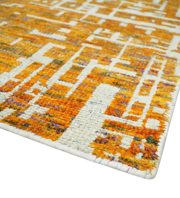 Modern Abstract 5.5x8.5 Gold and Ivory Recycled Art Silk Area Rug - The Rug Decor