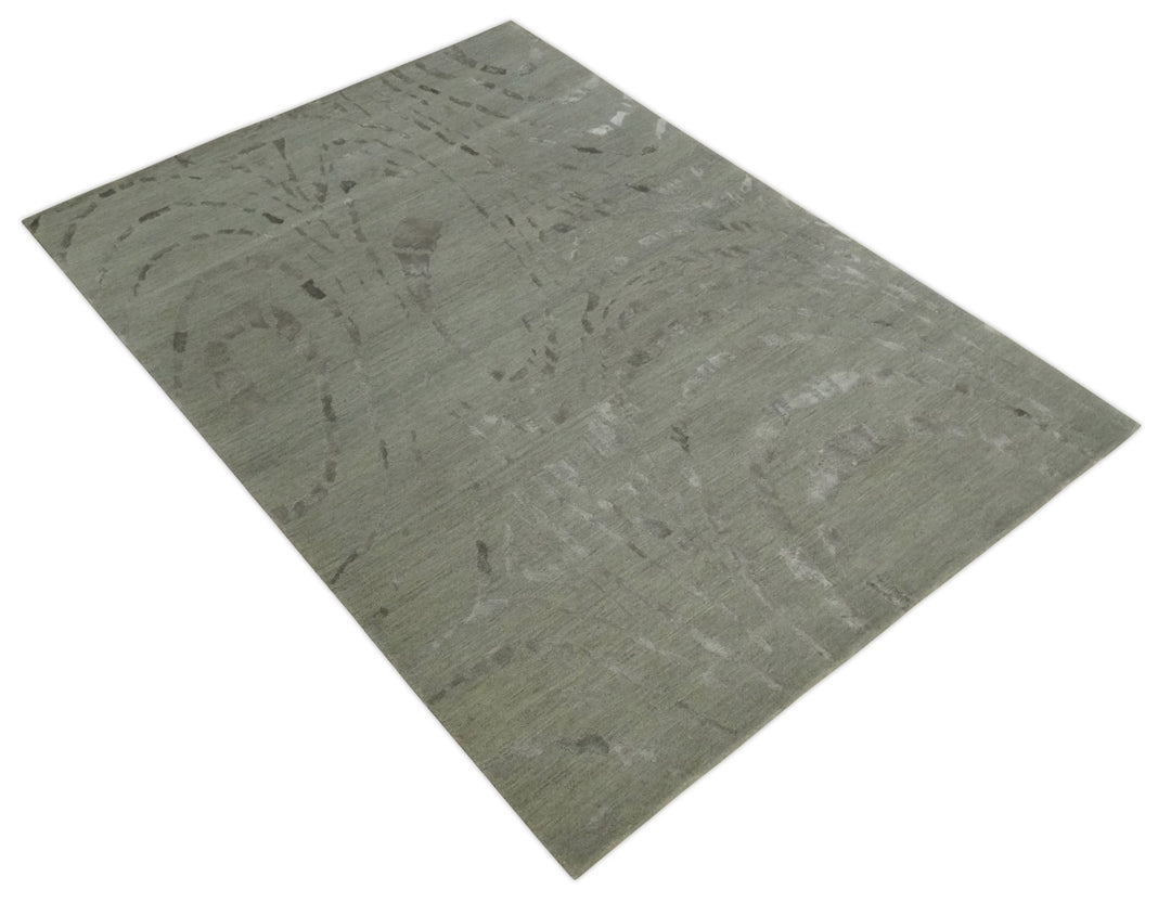 Modern Abstract 5x7 Olive and Gray Hand Knotted Wool and Silk Area Rug - The Rug Decor