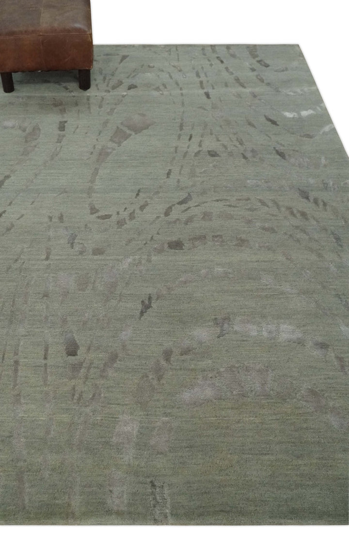 Modern Abstract 5x7 Olive and Gray Hand Knotted Wool and Silk Area Rug - The Rug Decor