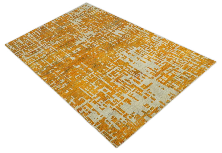 Modern Abstract 6x9 Gold and Ivory Recycled Art Silk Area Rug - The Rug Decor