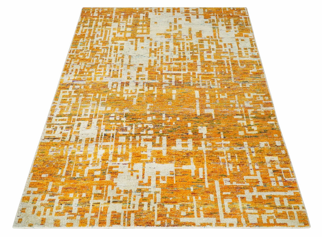 Modern Abstract 6x9 Gold and Ivory Recycled Art Silk Area Rug - The Rug Decor
