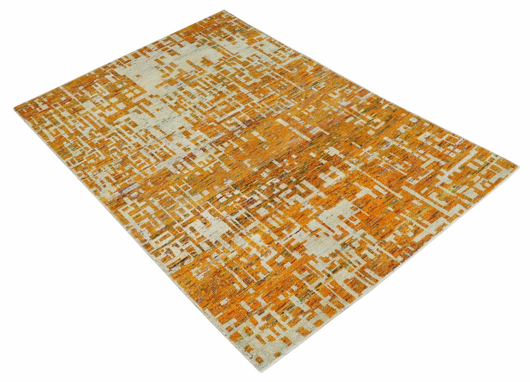 Modern Abstract 6x9 Gold and Ivory Recycled Art Silk Area Rug - The Rug Decor