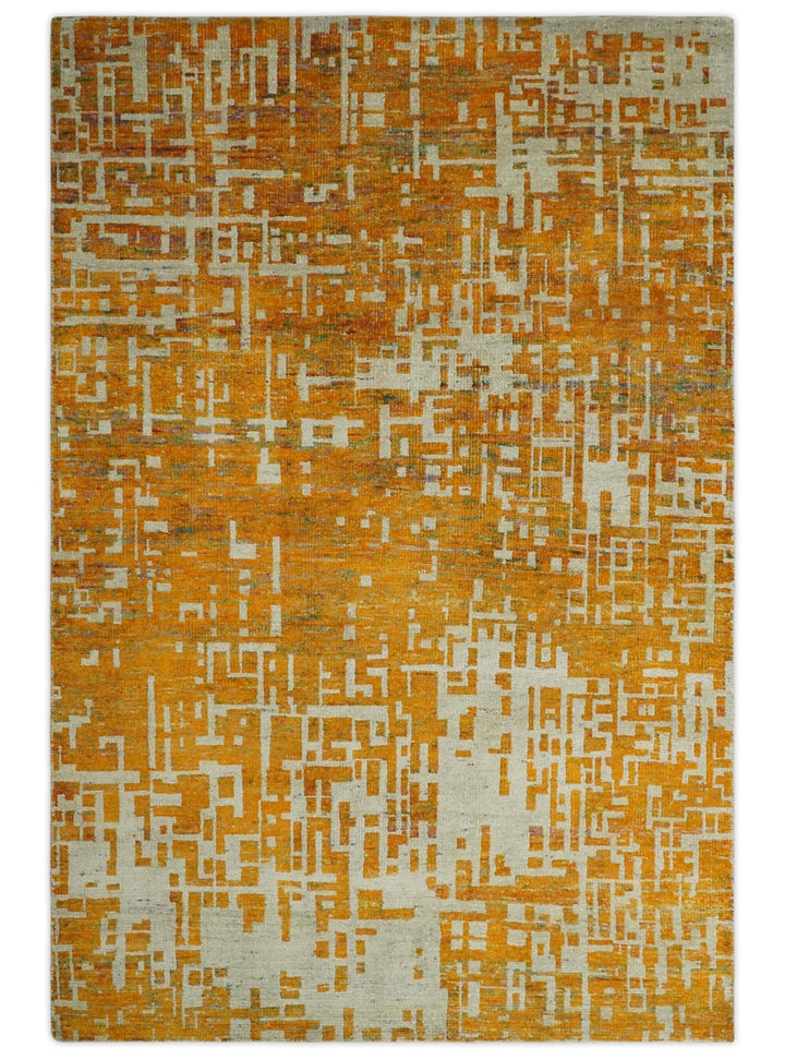 Modern Abstract 6x9 Gold and Ivory Recycled Art Silk Area Rug - The Rug Decor