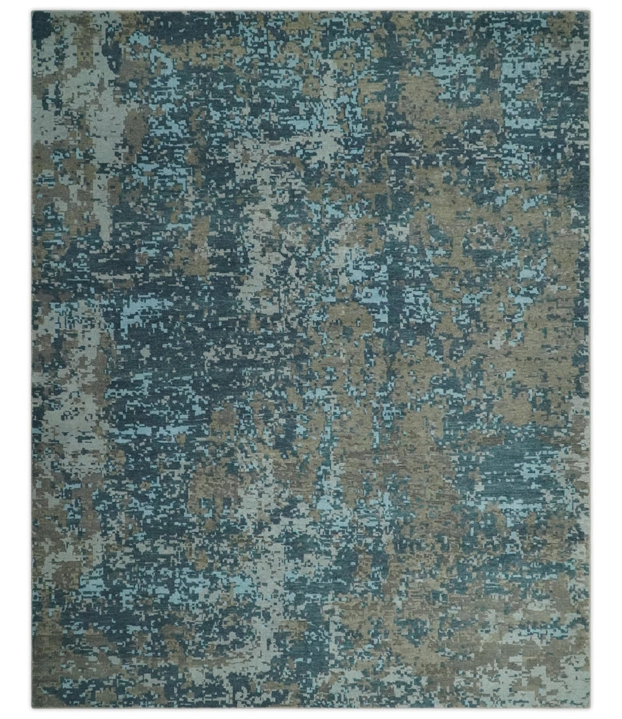 Modern Abstract 8x10 Hand Knotted Blue, Silver and Brown Low Pile Wool Rug | AC33810 - The Rug Decor