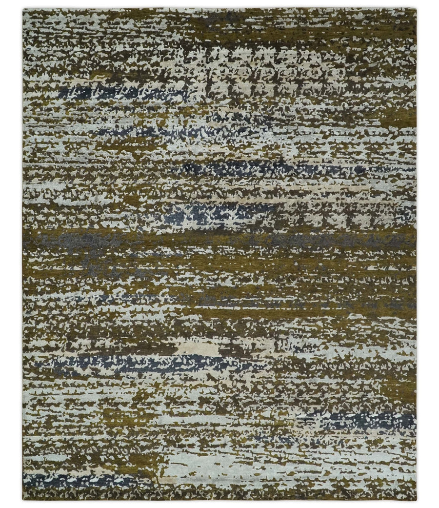 Modern Abstract 8x10 Ivory, Olive and Dark Blue Hand Knotted Bamboo Silk Area Rug | AE28810 - The Rug Decor