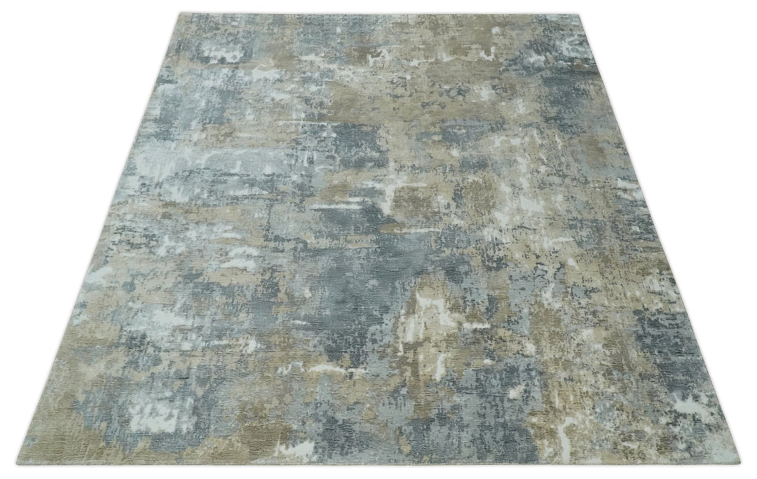 Modern Abstract 8x10 Silver, Charcoal and Olive Hand Loomed Blended wool and Art silk Area Rug - The Rug Decor