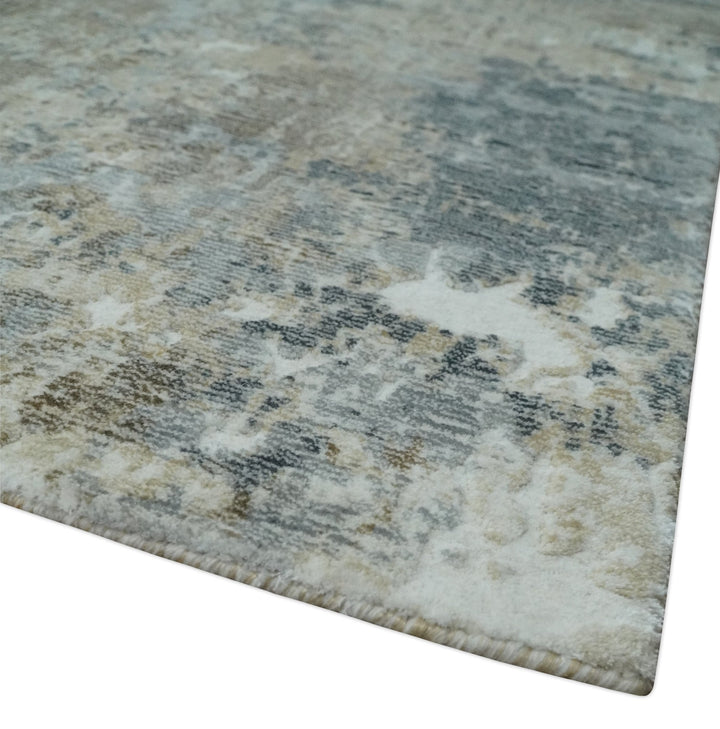 Modern Abstract 8x10 Silver, Charcoal and Olive Hand Loomed Blended wool and Art silk Area Rug - The Rug Decor