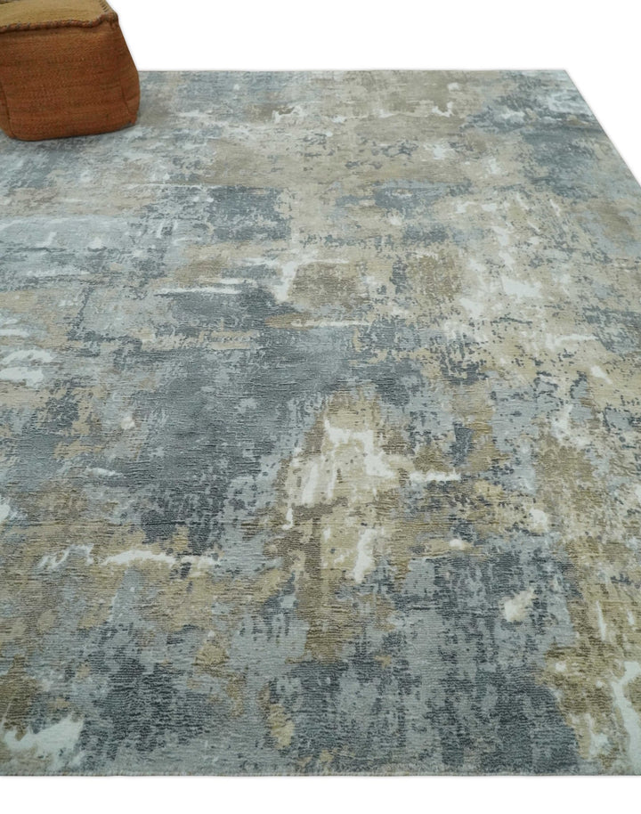 Modern Abstract 8x10 Silver, Charcoal and Olive Hand Loomed Blended wool and Art silk Area Rug - The Rug Decor