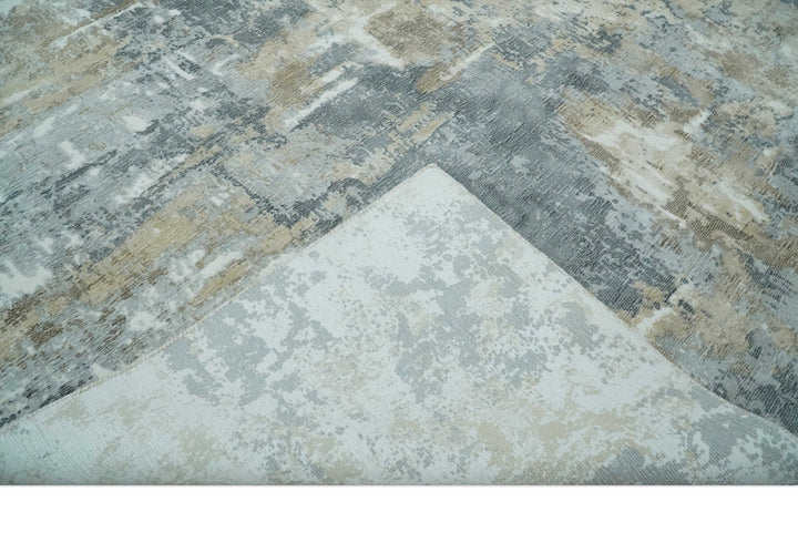 Modern Abstract 8x10 Silver, Charcoal and Olive Hand Loomed Blended wool and Art silk Area Rug - The Rug Decor