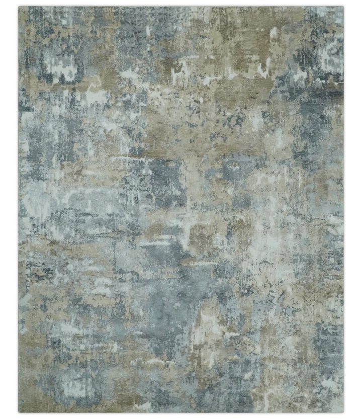 Modern Abstract 8x10 Silver, Charcoal and Olive Hand Loomed Blended wool and Art silk Area Rug - The Rug Decor