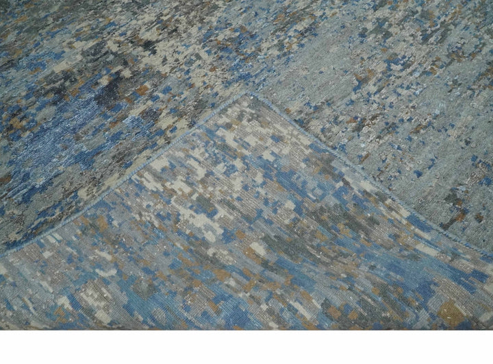 Modern Abstract Beige, Blue and Charcoal Hand knotted 8x10 wool and Bamboo Silk Area Rug - The Rug Decor