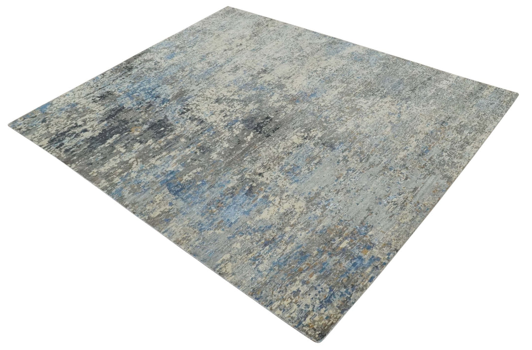 Modern Abstract Beige, Blue and Charcoal Hand knotted 8x10 wool and Bamboo Silk Area Rug - The Rug Decor