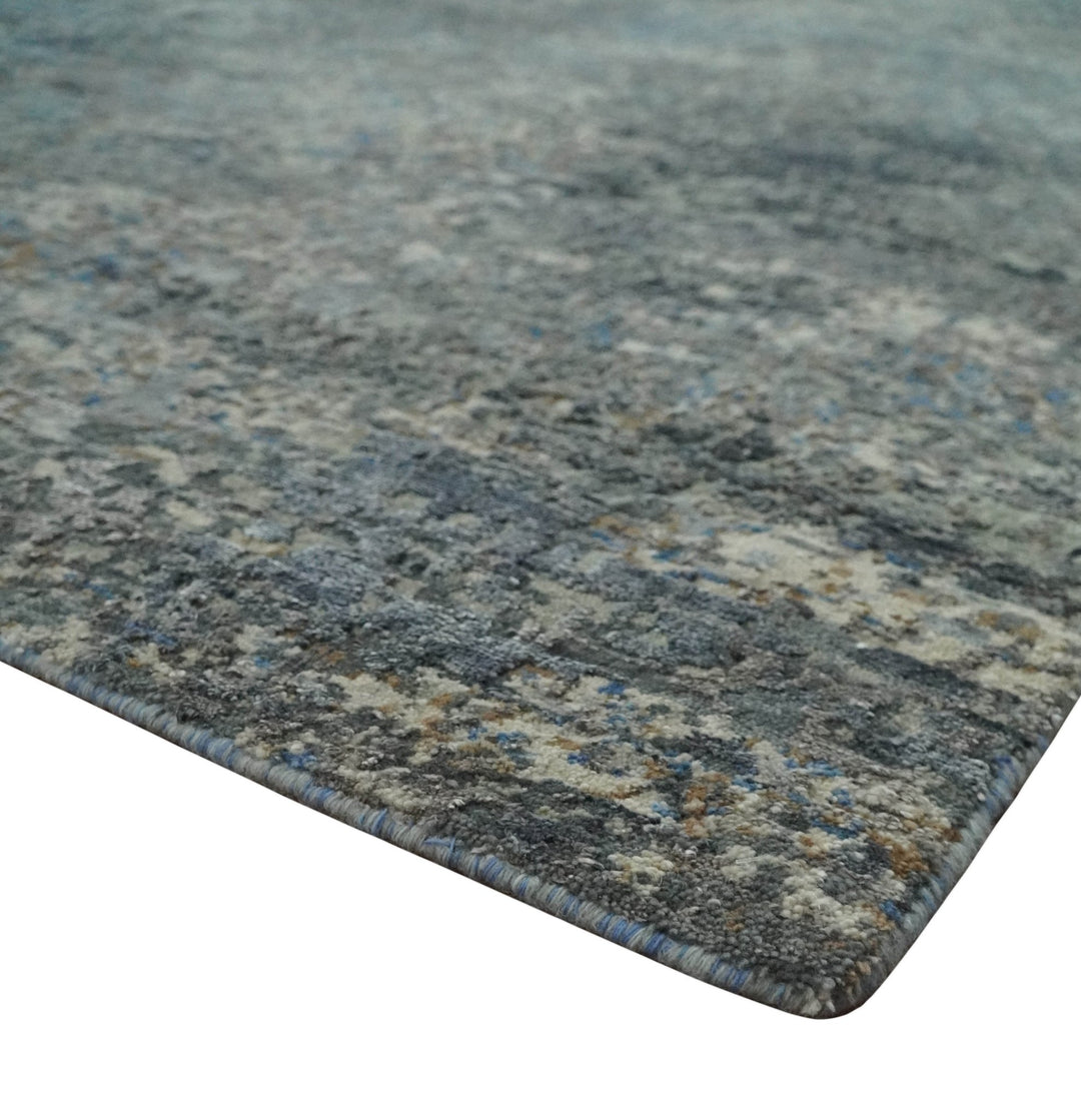 Modern Abstract Beige, Blue and Charcoal Hand knotted 8x10 wool and Bamboo Silk Area Rug - The Rug Decor