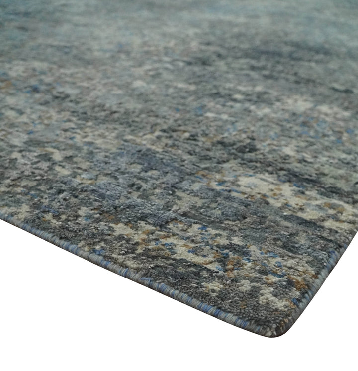 Modern Abstract Beige, Blue and Charcoal Hand knotted 8x10 wool and Bamboo Silk Area Rug - The Rug Decor
