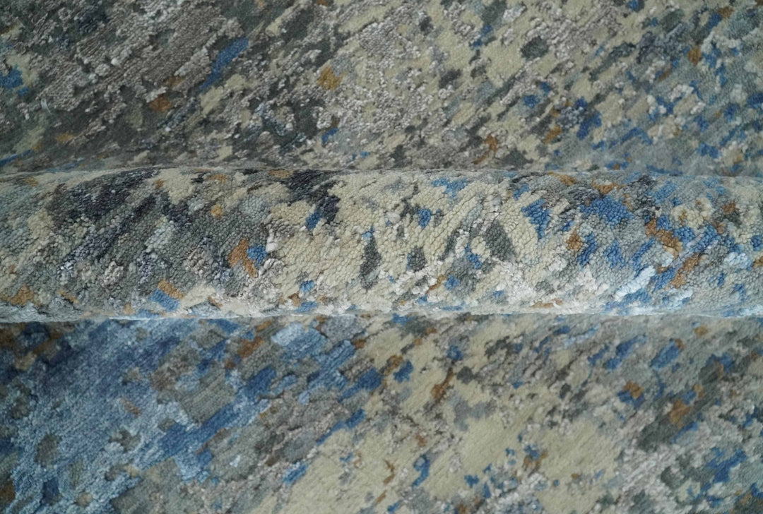 Modern Abstract Beige, Blue and Charcoal Hand knotted 8x10 wool and Bamboo Silk Area Rug - The Rug Decor