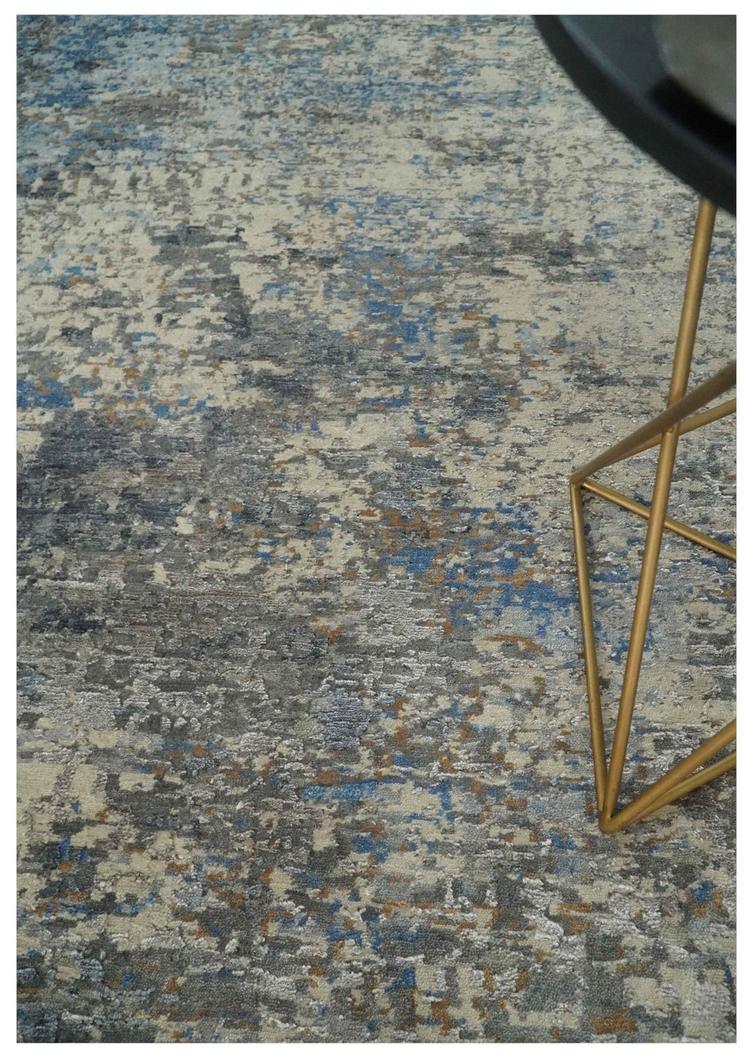 Modern Abstract Beige, Blue and Charcoal Hand knotted 8x10 wool and Bamboo Silk Area Rug - The Rug Decor