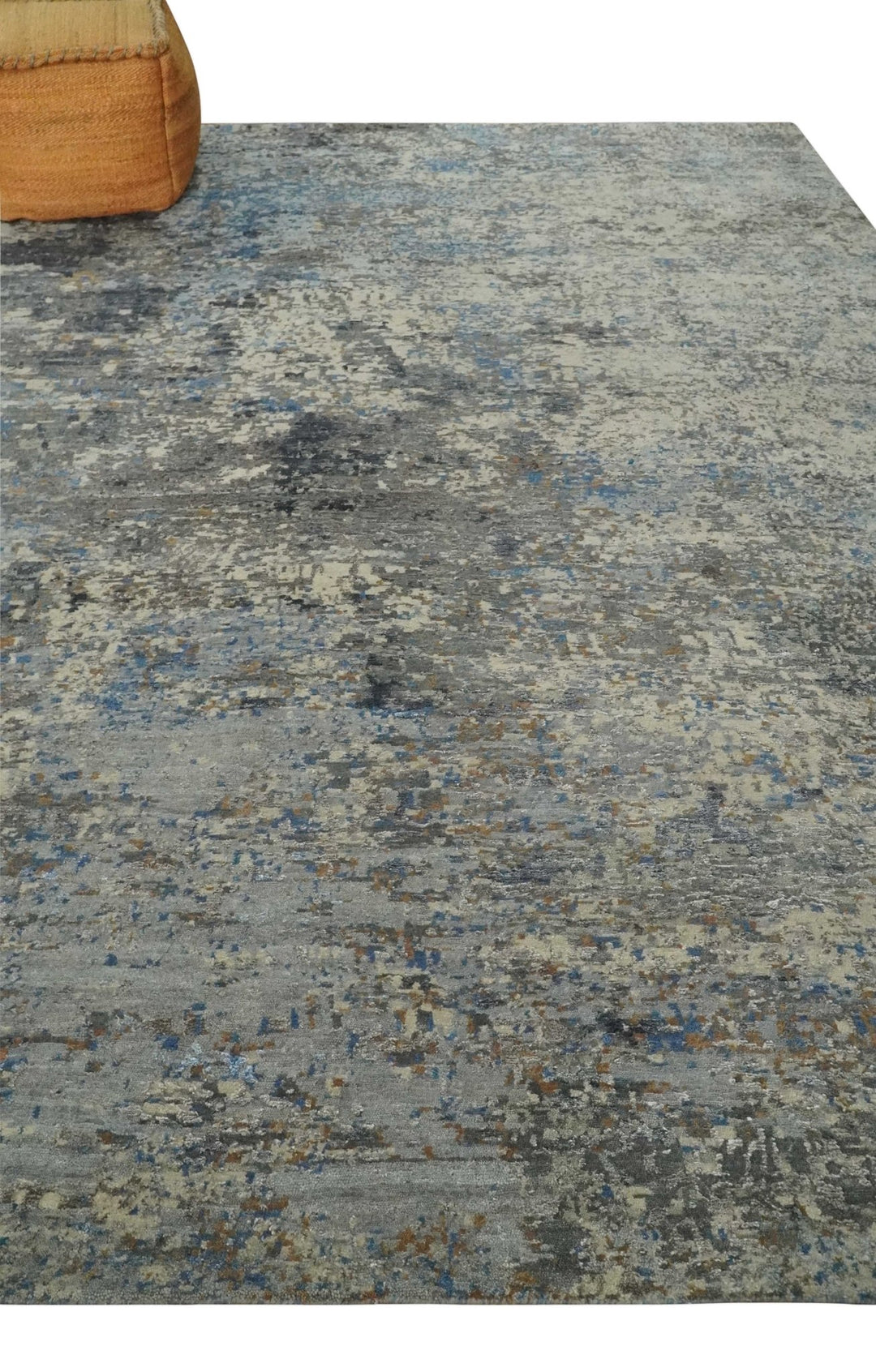 Modern Abstract Beige, Blue and Charcoal Hand knotted 8x10 wool and Bamboo Silk Area Rug - The Rug Decor