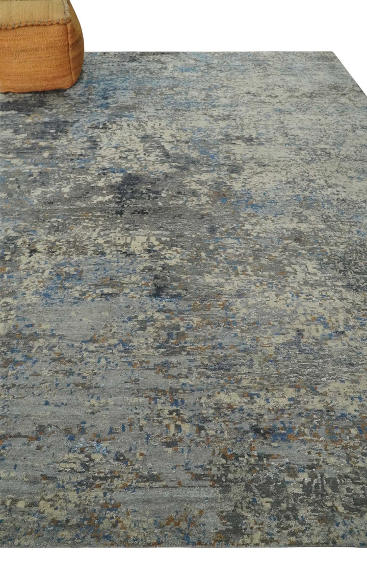 Modern Abstract Beige, Blue and Charcoal Hand knotted 8x10 wool and Bamboo Silk Area Rug - The Rug Decor