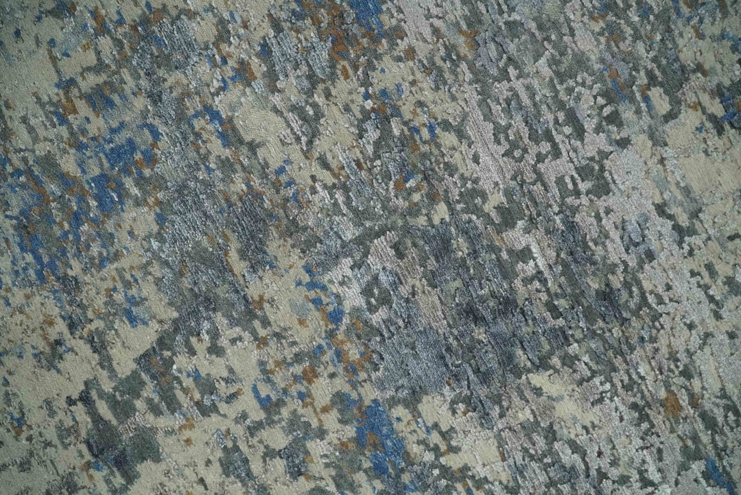 Modern Abstract Beige, Blue and Charcoal Hand knotted 8x10 wool and Bamboo Silk Area Rug - The Rug Decor
