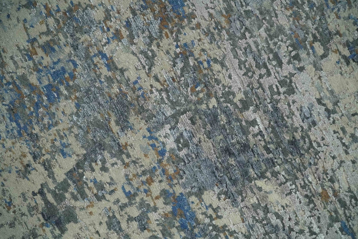 Modern Abstract Beige, Blue and Charcoal Hand knotted 8x10 wool and Bamboo Silk Area Rug - The Rug Decor