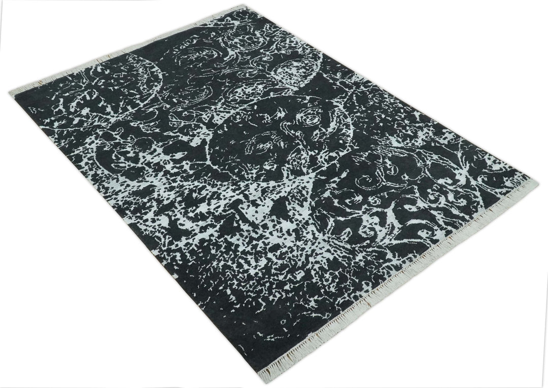 Modern Abstract Black and Silver Hand Knotted 6x9 Wool and Bamboo silk Area Rug - The Rug Decor