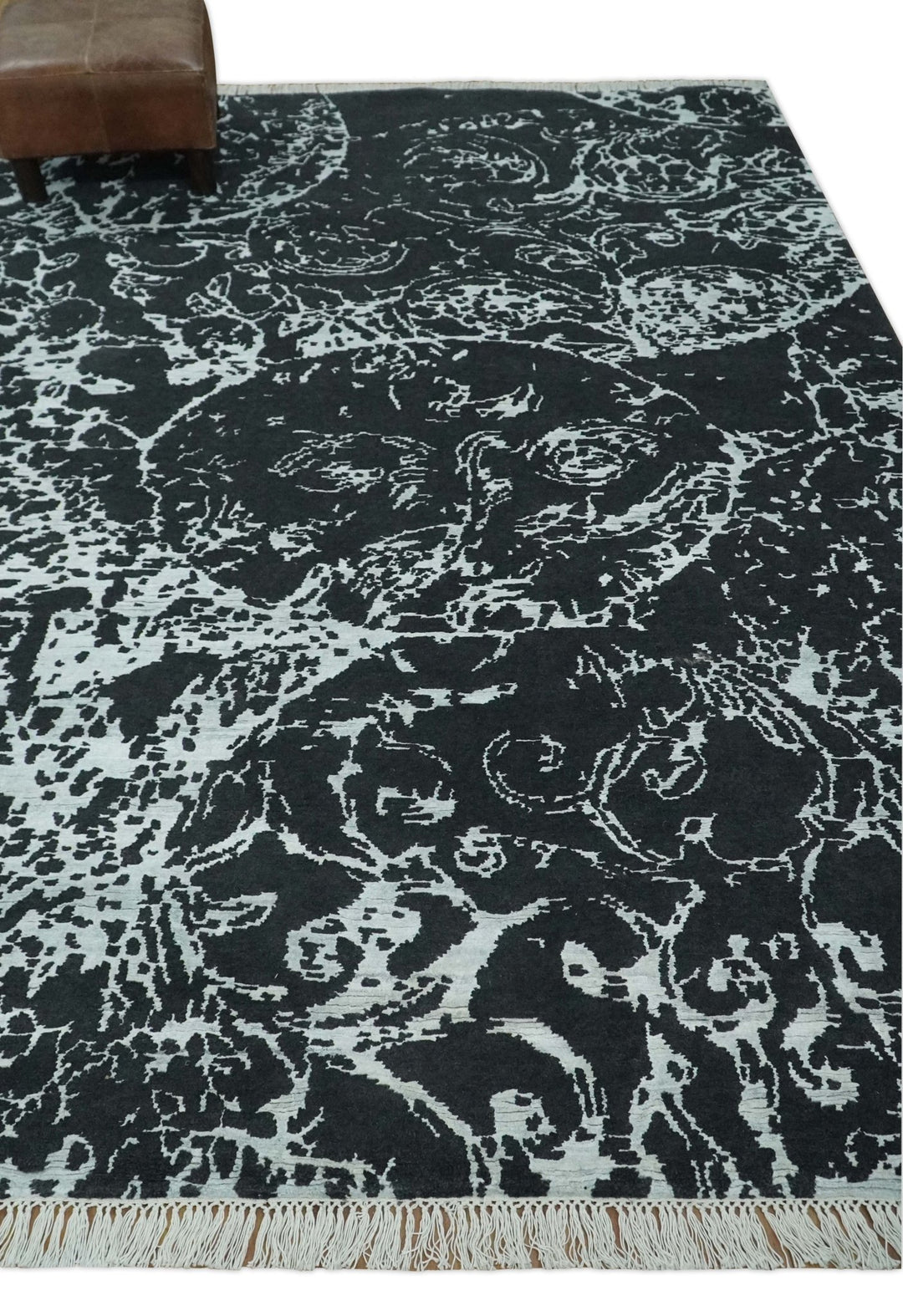 Modern Abstract Black and Silver Hand Knotted 6x9 Wool and Bamboo silk Area Rug - The Rug Decor