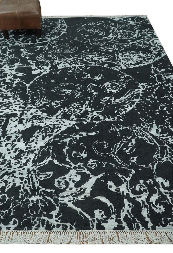 Modern Abstract Black and Silver Hand Knotted 6x9 Wool and Bamboo silk Area Rug - The Rug Decor