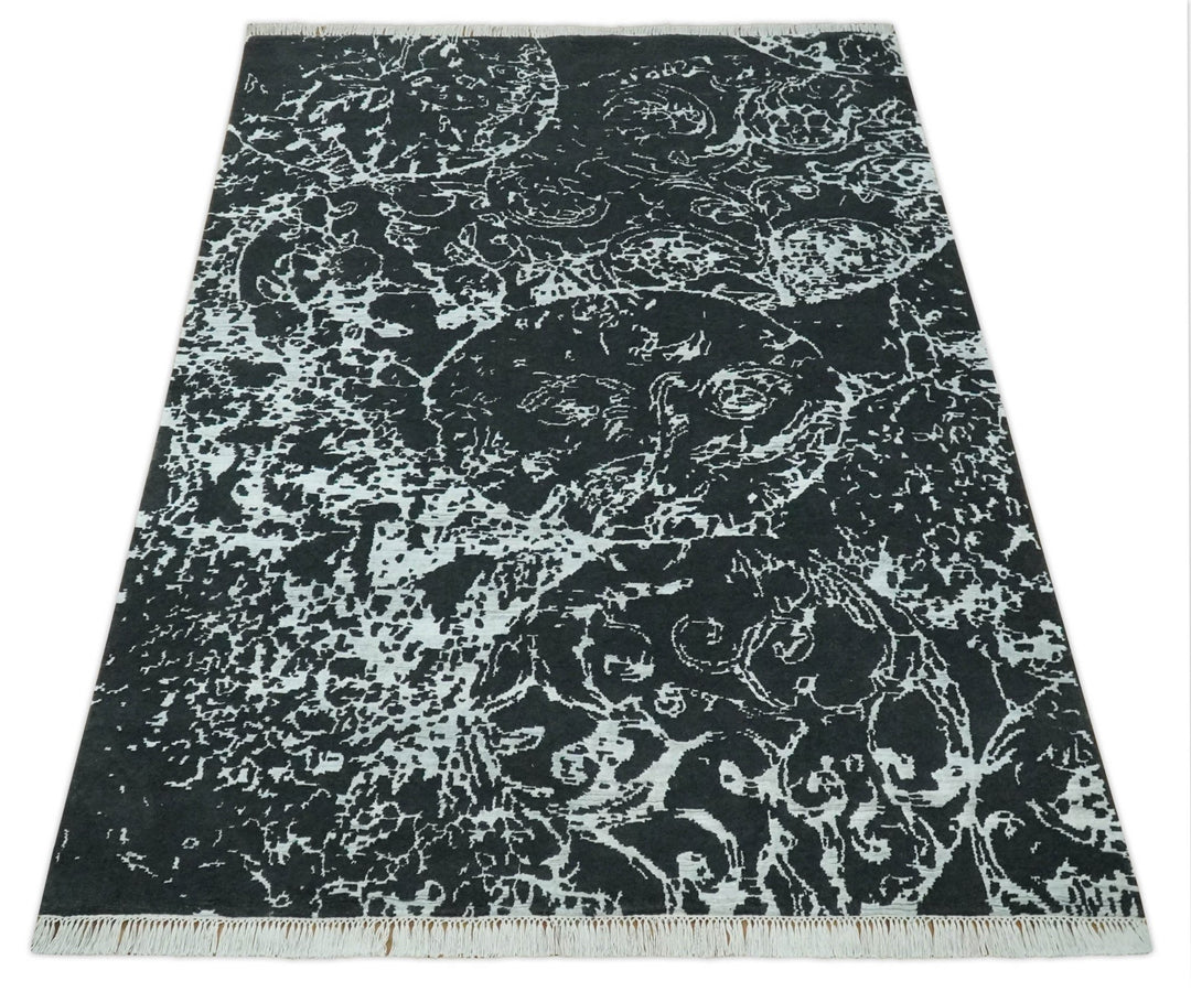 Modern Abstract Black and Silver Hand Knotted 6x9 Wool and Bamboo silk Area Rug - The Rug Decor