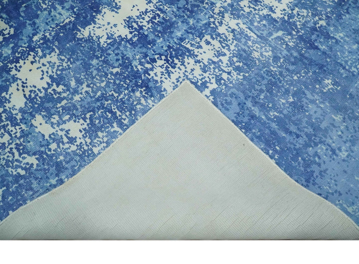 Modern Abstract Blue and Ivory Hand loom 5.6x8 Wool and Viscose Area Rug - The Rug Decor