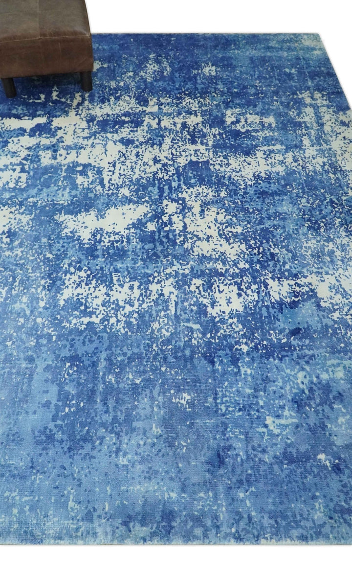 Modern Abstract Blue and Ivory Hand loom 5.6x8 Wool and Viscose Area Rug - The Rug Decor
