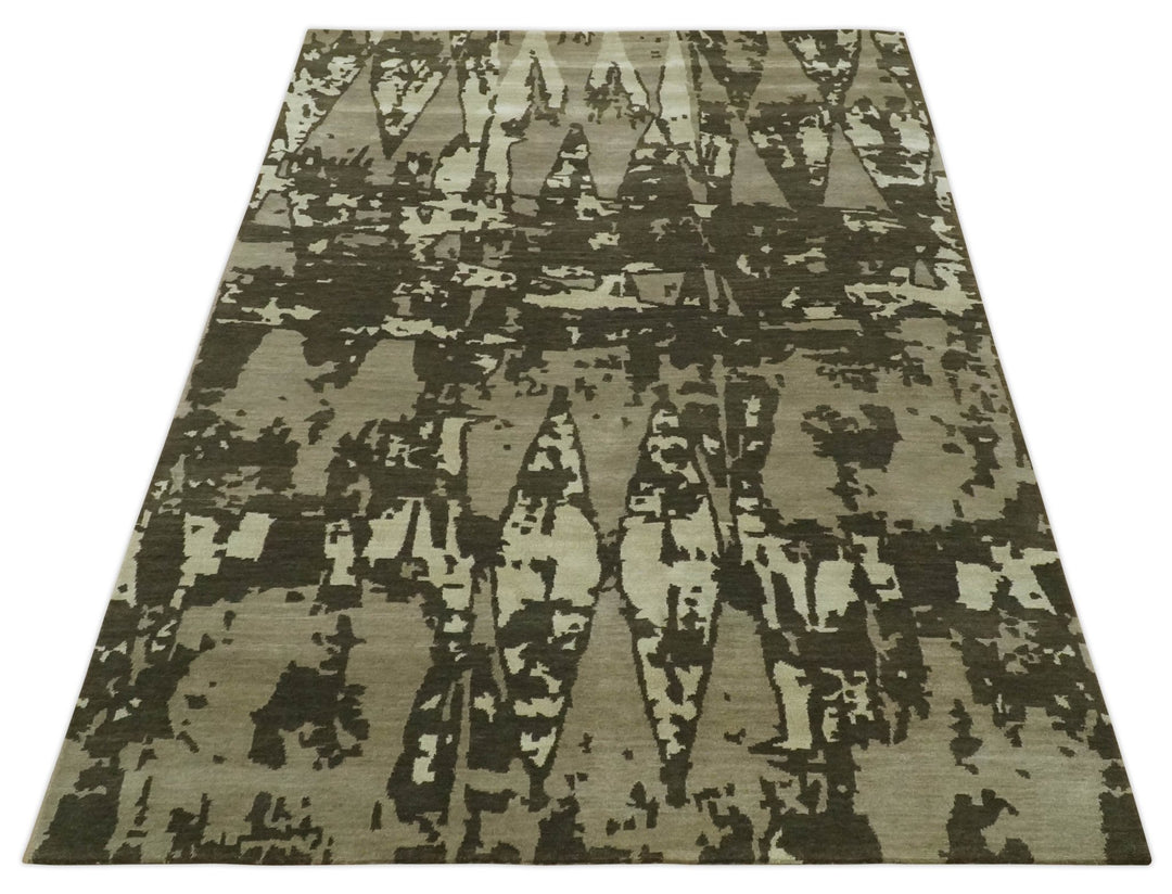 Modern Abstract Brownish - Green and Ivory Hand loom 6x9 wool and Art Silk Area Rug - The Rug Decor