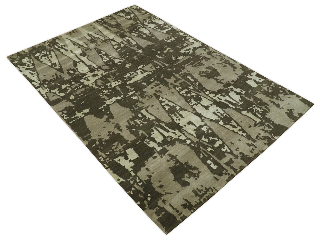 Modern Abstract Brownish - Green and Ivory Hand loom 6x9 wool and Art Silk Area Rug - The Rug Decor