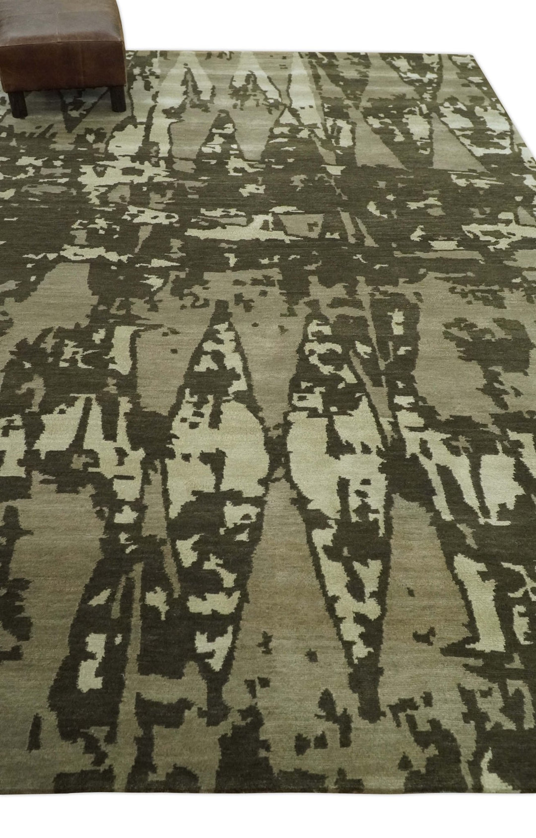 Modern Abstract Brownish - Green and Ivory Hand loom 6x9 wool and Art Silk Area Rug - The Rug Decor