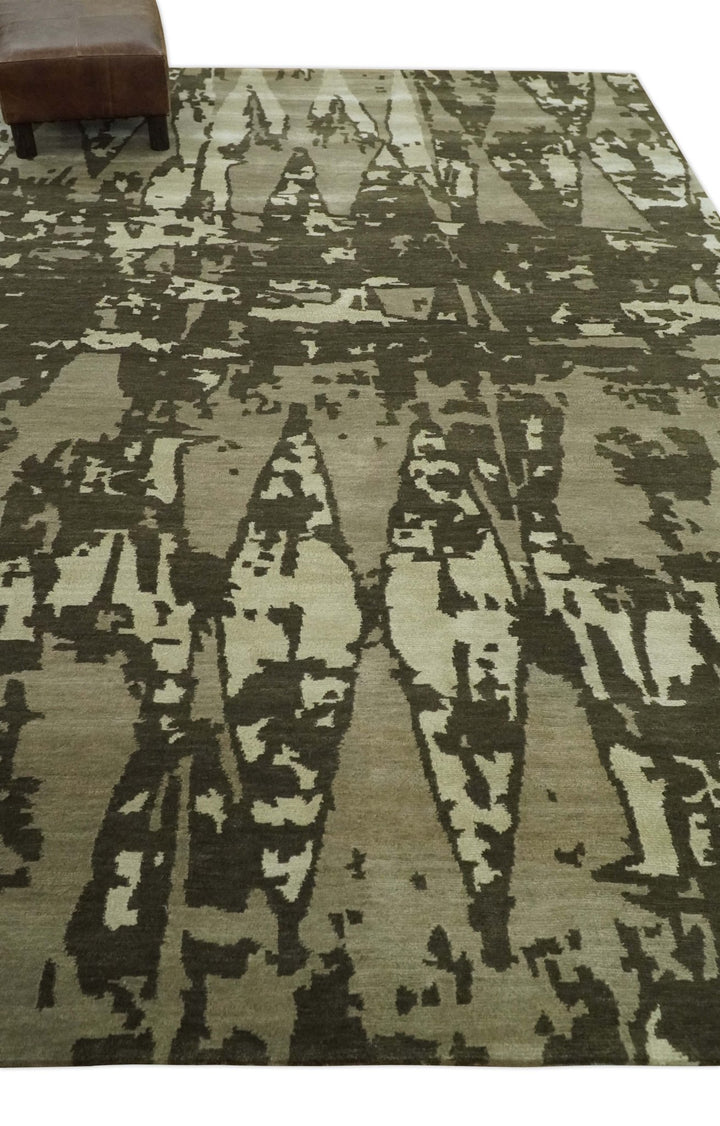 Modern Abstract Brownish - Green and Ivory Hand loom 6x9 wool and Art Silk Area Rug - The Rug Decor
