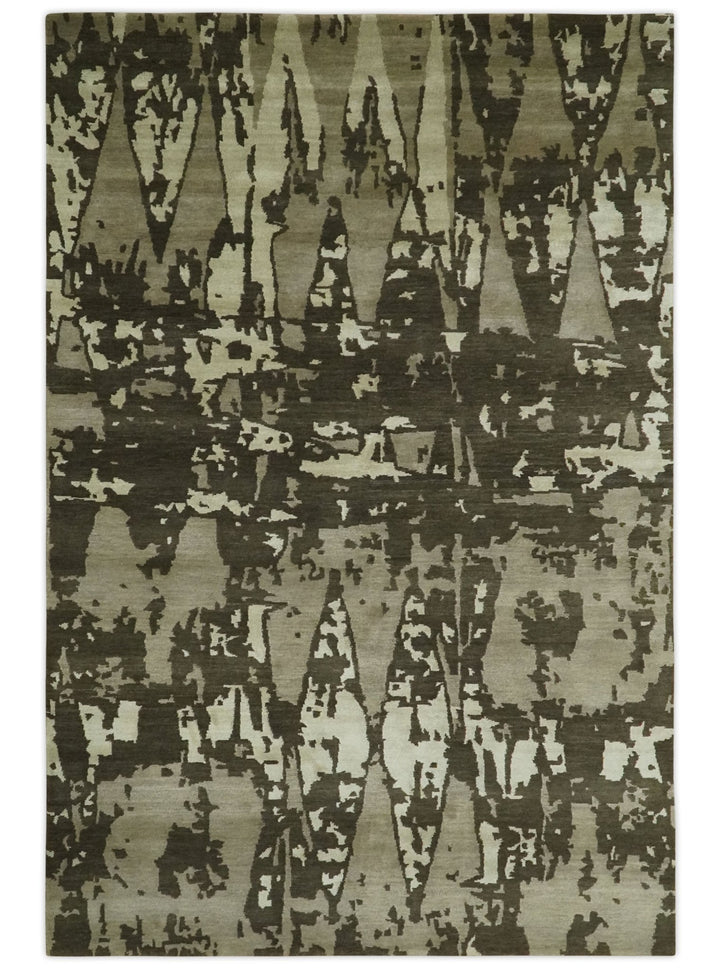 Modern Abstract Brownish - Green and Ivory Hand loom 6x9 wool and Art Silk Area Rug - The Rug Decor