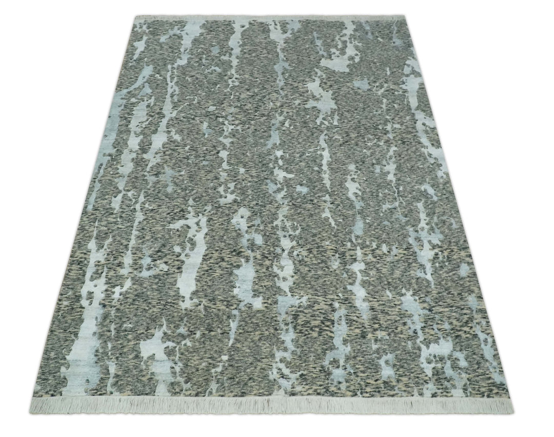 Modern Abstract Charcoal, Beige and Silver Hand Knotted 5.6x8 wool and Bamboo Silk area Rug - The Rug Decor