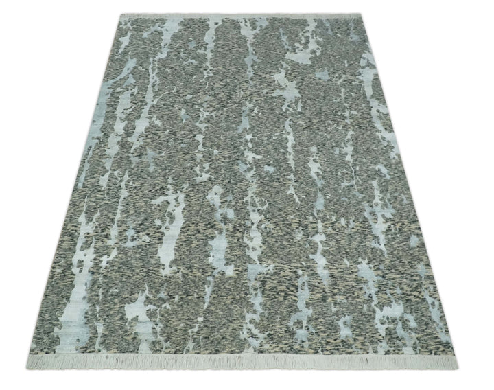 Modern Abstract Charcoal, Beige and Silver Hand Knotted 5.6x8 wool and Bamboo Silk area Rug - The Rug Decor