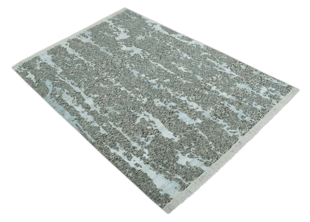 Modern Abstract Charcoal, Beige and Silver Hand Knotted 5.6x8 wool and Bamboo Silk area Rug - The Rug Decor
