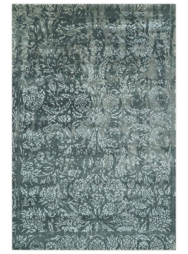 Modern Abstract Charcoal, Grey and Silver Hand Knotted 6x9.4 Floral Wool and Silk Area Rug - The Rug Decor
