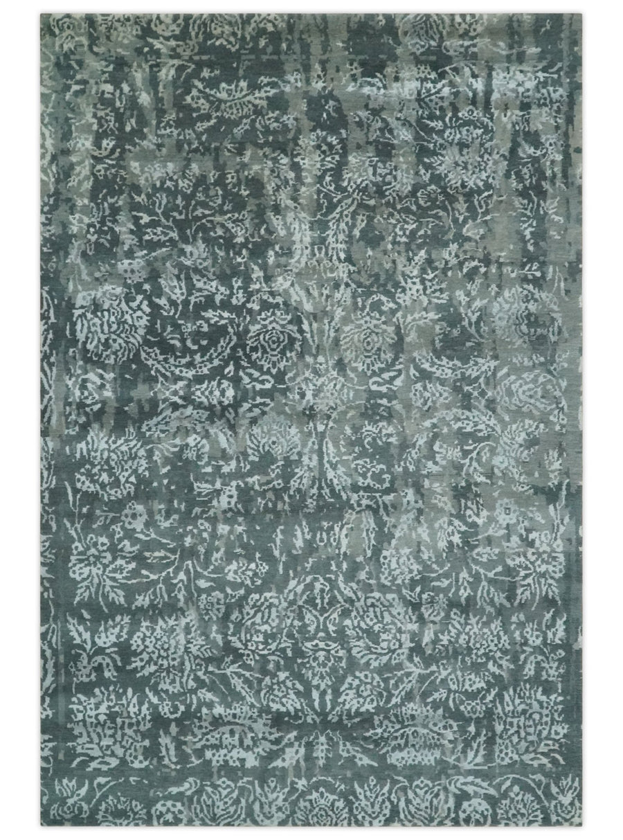 Modern Abstract Charcoal, Grey and Silver Hand Knotted 6x9.4 Floral Wool and Silk Area Rug - The Rug Decor