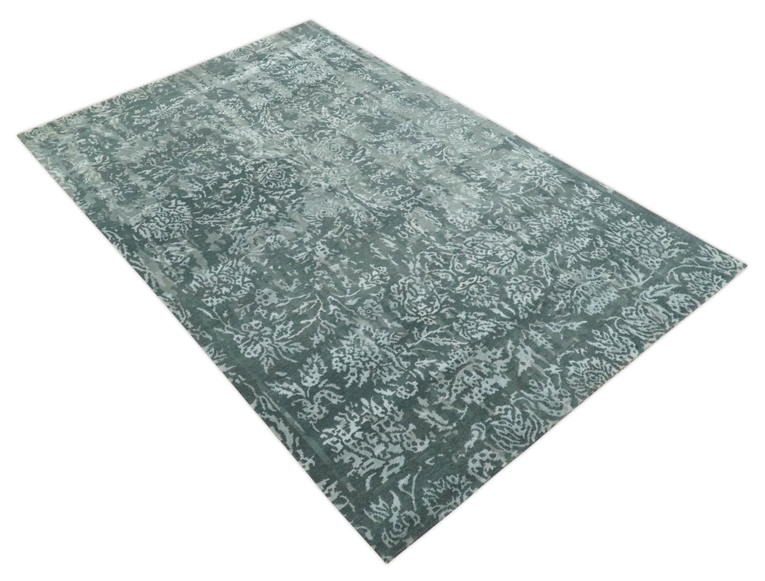 Modern Abstract Charcoal, Grey and Silver Hand Knotted 6x9.4 Floral Wool and Silk Area Rug - The Rug Decor