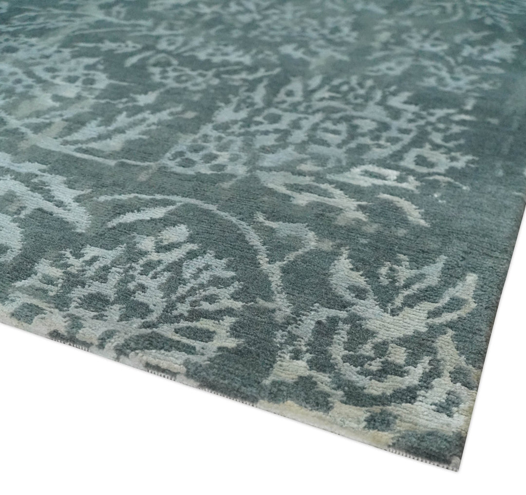 Modern Abstract Charcoal, Grey and Silver Hand Knotted 6x9.4 Floral Wool and Silk Area Rug - The Rug Decor