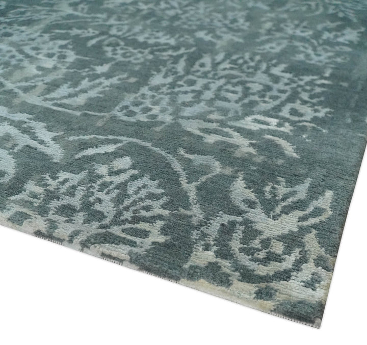 Modern Abstract Charcoal, Grey and Silver Hand Knotted 6x9.4 Floral Wool and Silk Area Rug - The Rug Decor