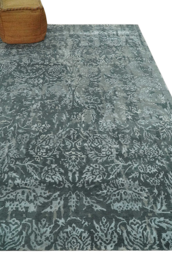Modern Abstract Charcoal, Grey and Silver Hand Knotted 6x9.4 Floral Wool and Silk Area Rug - The Rug Decor